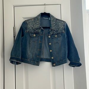 NWOT Vintage Western Rhinestone Distressed Crop Denim Jacket 3/4 sleeves Sz:0/S